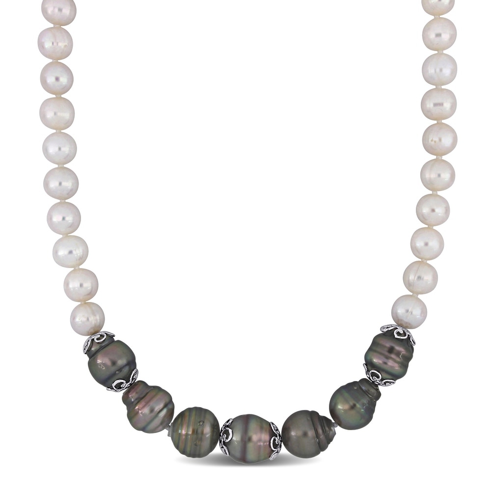925 Sterling Silver Rhodium-plate 7-9mm Grey Baroque Pearl 2in ext Necklace 18inch 
